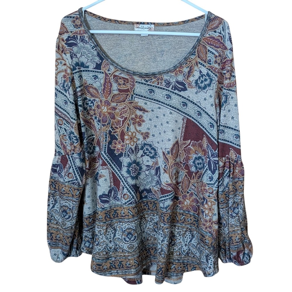 World Unity Peasant Top Hippie Bell Sleeve Stretch Floral Womens Extra Large